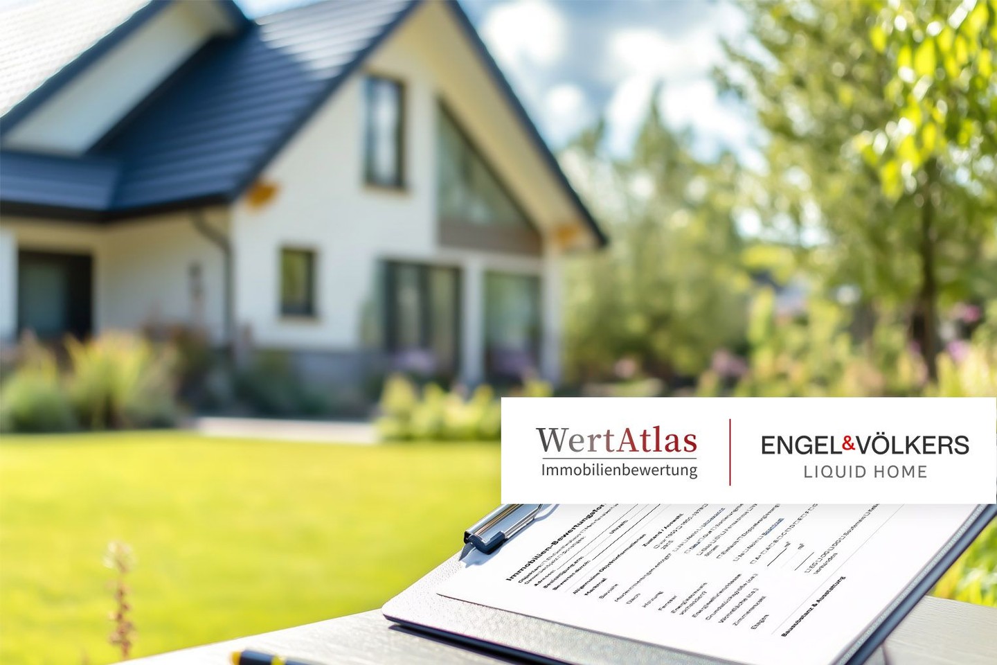 das Immobilienbewertung-Titelbild zeigt ein Haus und die Logos von WertAtlas und Engel & Völkers LiquidHome