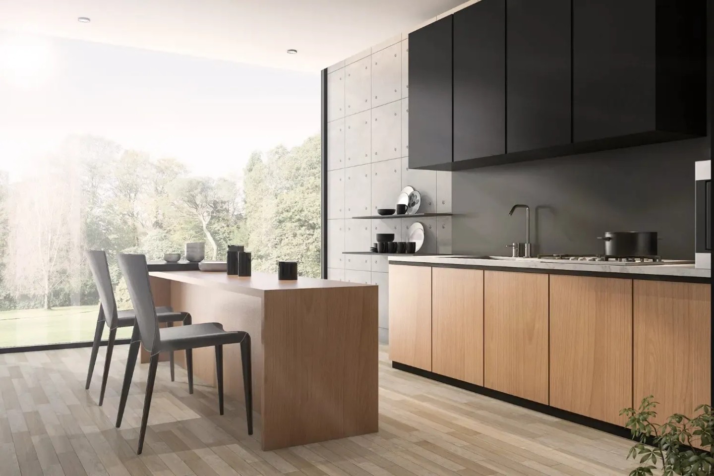 Eine moderne Küche mit schwarzen Akzenten und Holzfußboden.